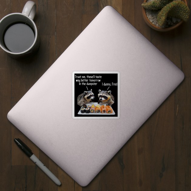 Two Raccoons Discussing Sushi, funny racoon design by Luxinda